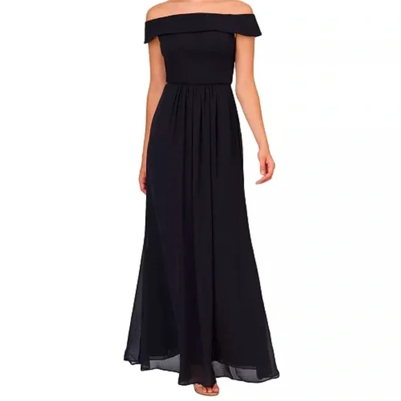 Adrianna Papell Navy Blue Off-Shoulder Maxi Dress - Picture 1 of 10